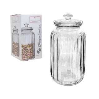 Frasco De Vidrio Transparente Con Tapa, 1500 CC, Diseño Rayas Modelo Viva Pasabahce