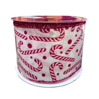 Cinta De Navidad Decorativa Candy Color Blanco y Rojo Con Bastones 6 Cm