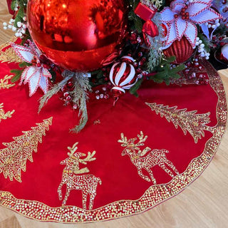 Pie de Arbol Navideño Bordado a Mano Color Rojo 182 Cm Renos en Nieve