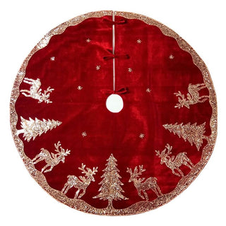 Pie de Arbol Navideño Bordado a Mano Color Rojo 182 Cm Renos en Nieve