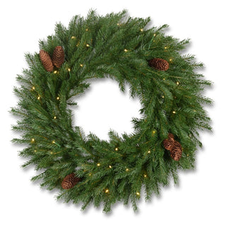 Corona de Navidad, Full PE, Color Verde Con Piñas, 60 Cm Con Luces