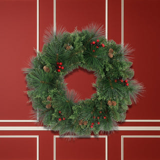 Corona de Navidad Espiga Mixta Color Verde con Piñas y Berry 50 Cm
